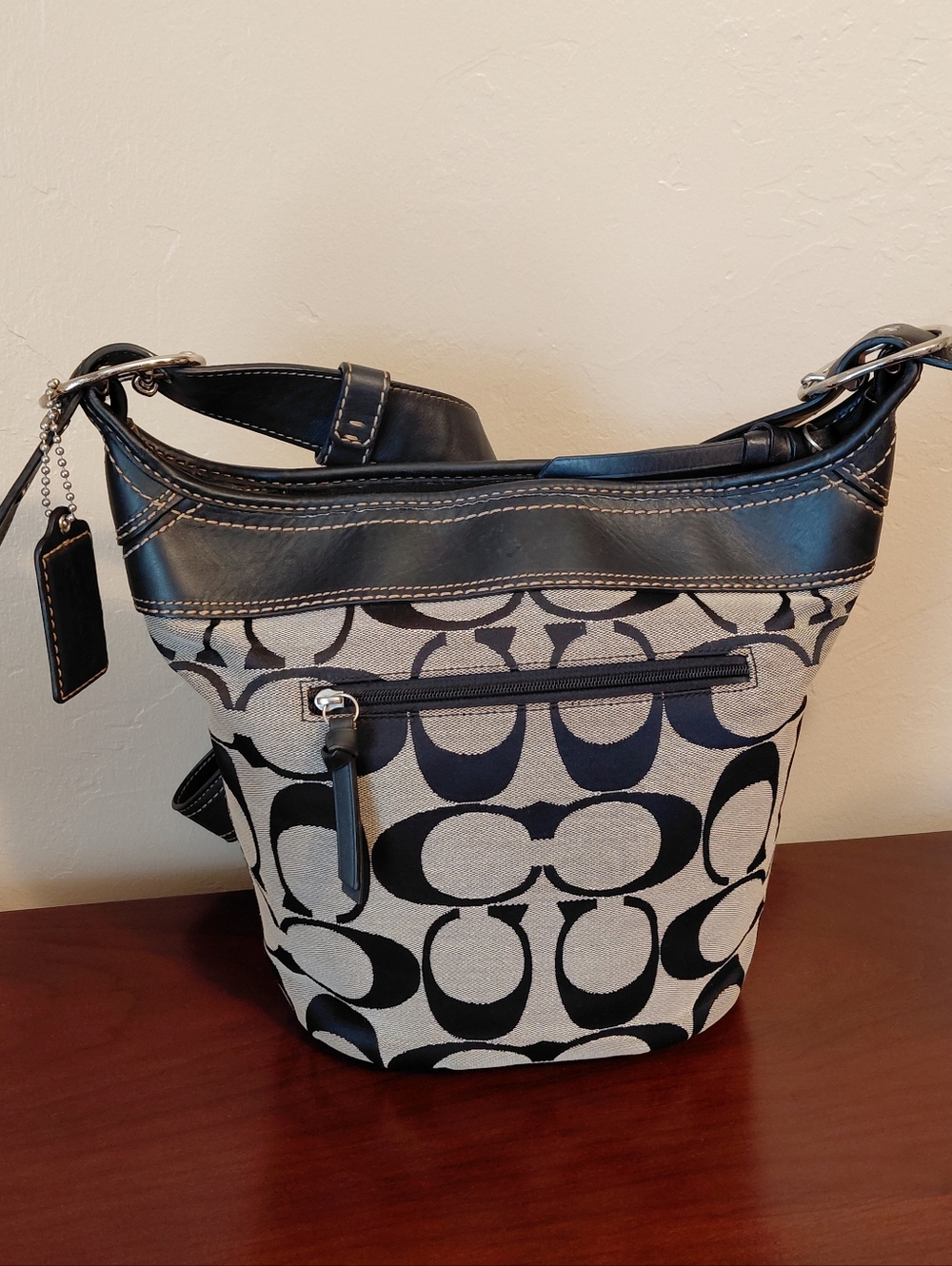 Coach Bleecker Signature Bucket Shoulder Bag, F13358. Black & Gray.